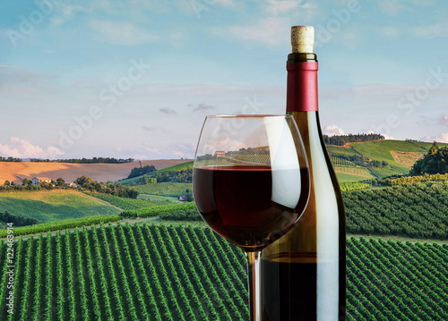Glass of red wine with a bottle on the background of the rural l