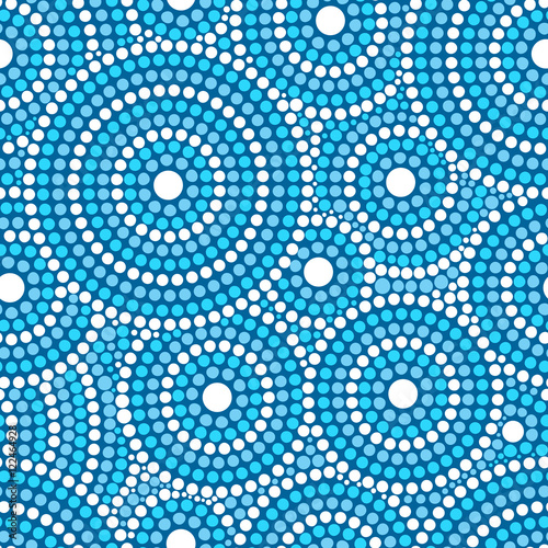 Abstract concentric dotted circle pattern vector seamless. Decoration in dots with white, light and dark blue colors. Decorative water background.