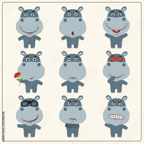 Vector set isolated emotion hippo. Collection cute hippo in cartoon style.
