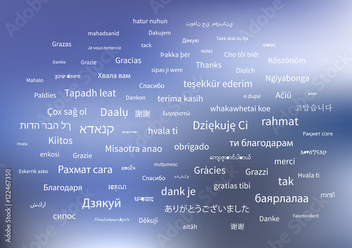 White thanks phrases in different languages of the world on blue background