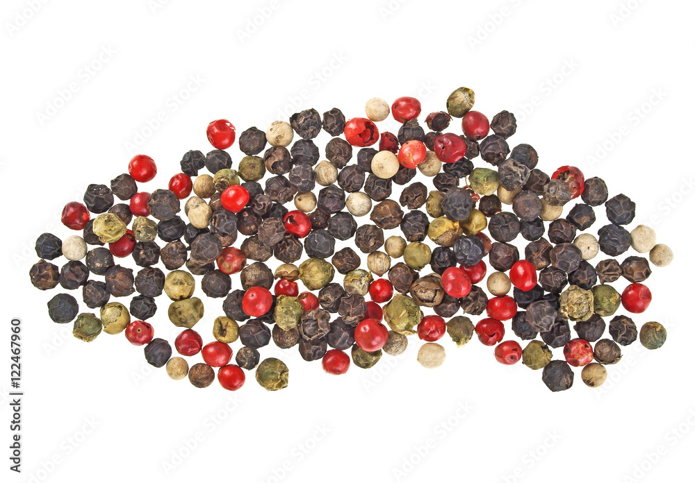 Heap of various pepper peppercorns seeds mix on white background Heap of various pepper peppercorns seeds mix on white background