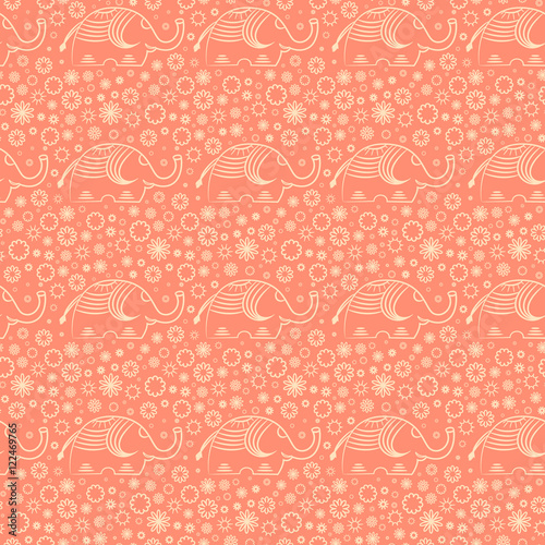 Seamless pattern with elephants and flowers. Background for textile, baby shower, greeting card, wrapping. Floral ornament.