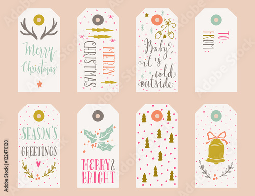 Christmas holiday gift tags collection with calligraphy, hand le