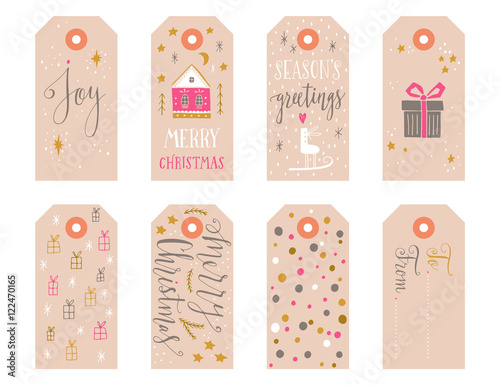 Christmas holiday gift tags collection with calligraphy, hand le