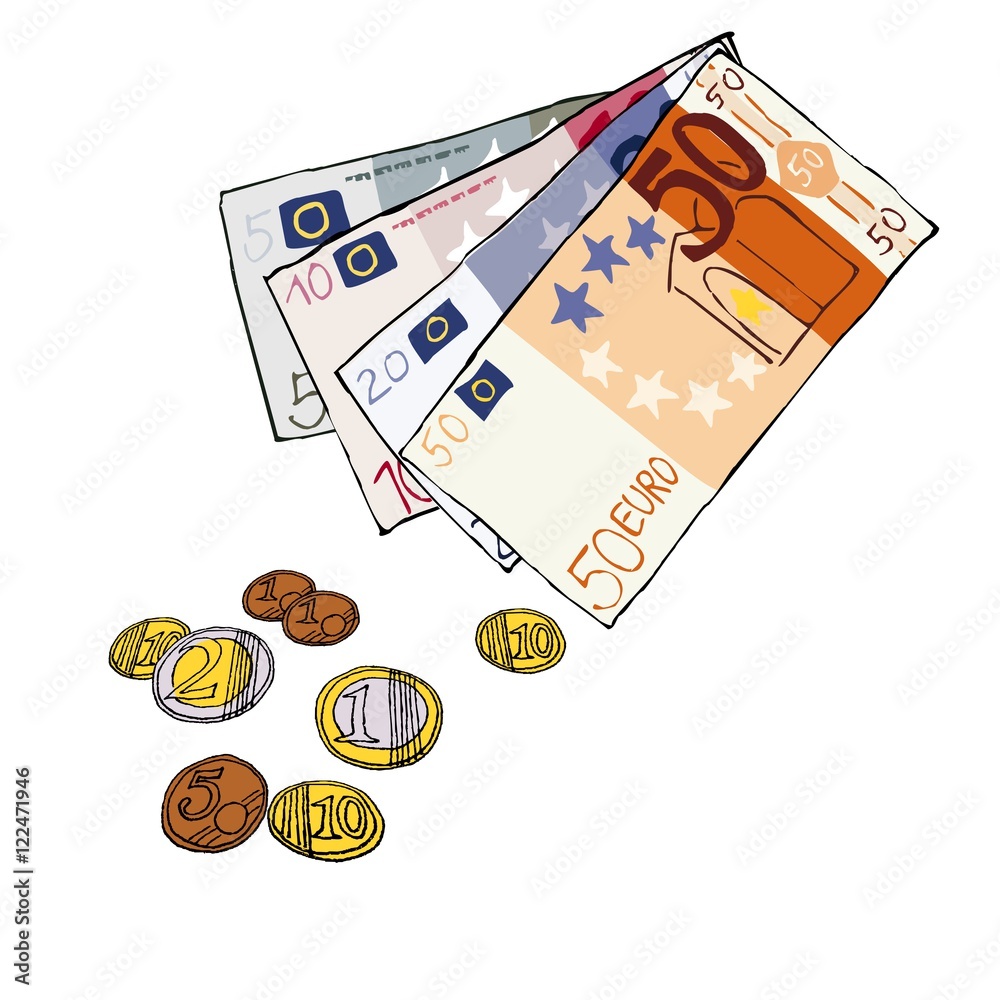 Wechselgeld Bargeld Scheine Münzen Euro - Comic von Hand gezeichnet