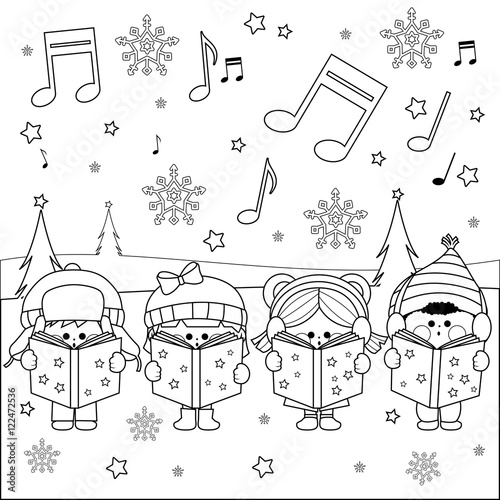 Children singing Christmas carols.  Vector black and white coloring page
