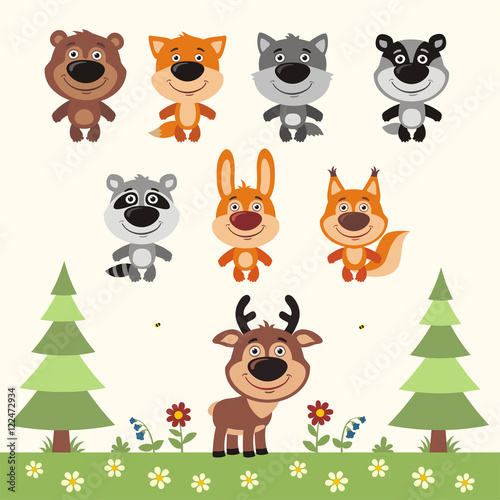 Vector set forest animals in cartoon style. Collection funny forest animals.