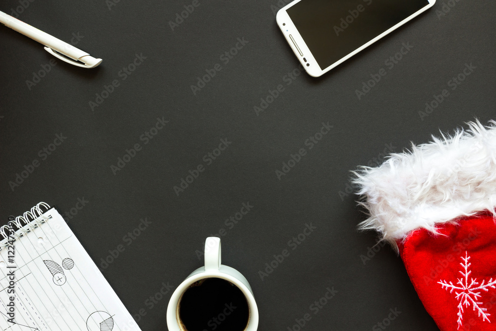 office desk with Christmas decoration top view