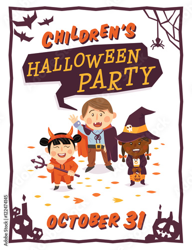 Halloween background with kids in Halloween costumes. Vector illustration.