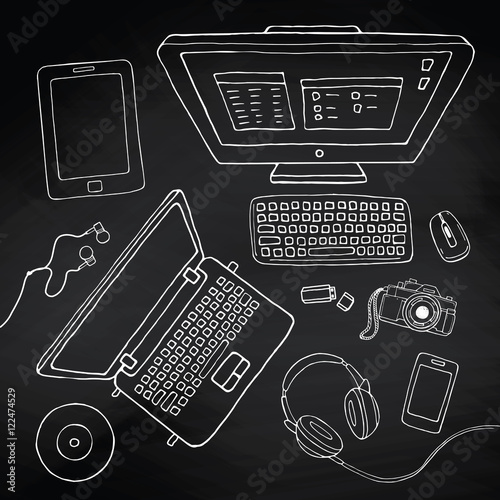 Vector sketchy gadgets set. Collection with laptop, pc, keyboard, tablet, phone, camera, music streaming service on blackboard.