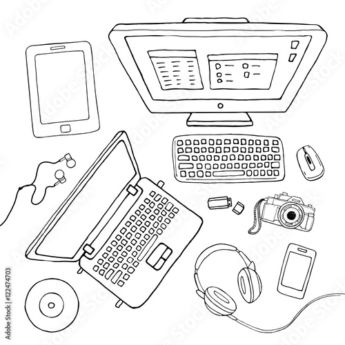 Vector sketchy gadgets set. Illustration with laptop, pc, keyboard, tablet, phone, camera, music streaming service isolated on white.