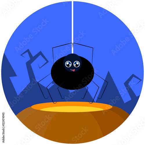 Halloween vector illustration with spider. Small black spider with thin legs on a thread hanging above the open pumpkin