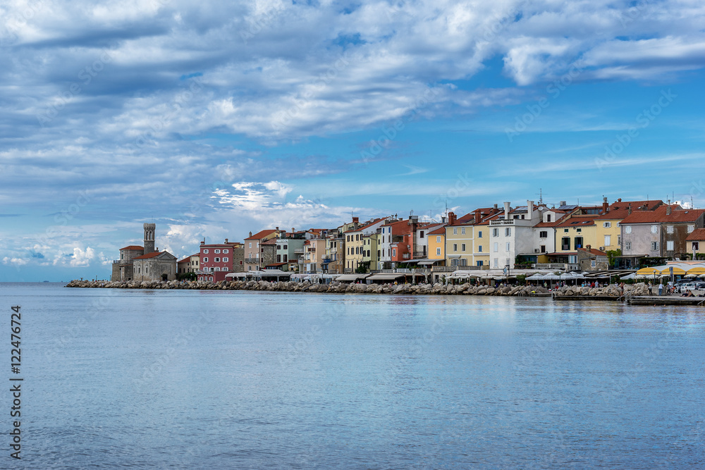 Looking across the main harbour in the town of Piran in Slovenia