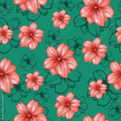 Seamless pattern with pink flowers on the turquoise or green background.Vector fashion fabric textile design. Can be used for pillow or tablecloth.