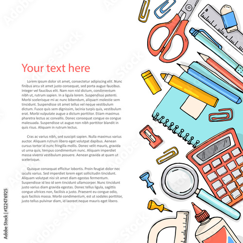 Vector sketch back to school background. Template of stationery isolated over white with copyspace.