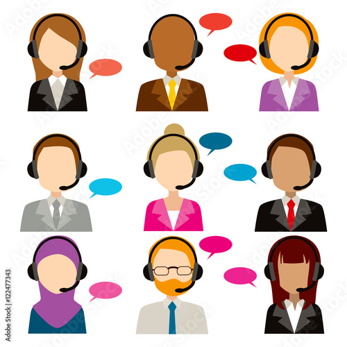 Faceless call center service diversity icons  with bubble speech