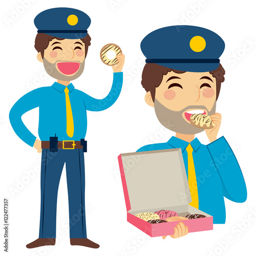 Standing gluttony fat policeman eating sweet doughnut holding box