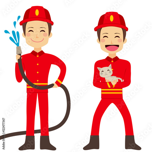 Happy fireman working holding hose with flowing water and rescuing cat