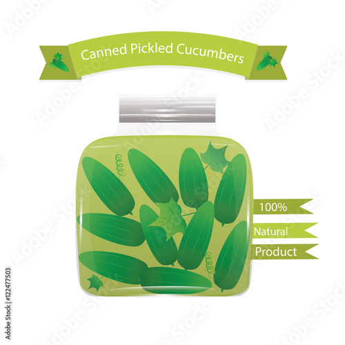 glass jar pickled cucumbers booklet label on a white background for your advertising farm products in cafes and restaurants, shops