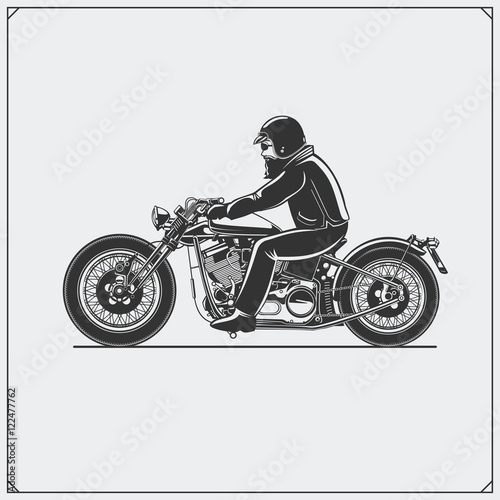 Motorcycle rider with racer helmet on motorcycle. Emblem of bikers club. Vintage style. Monochrome design.