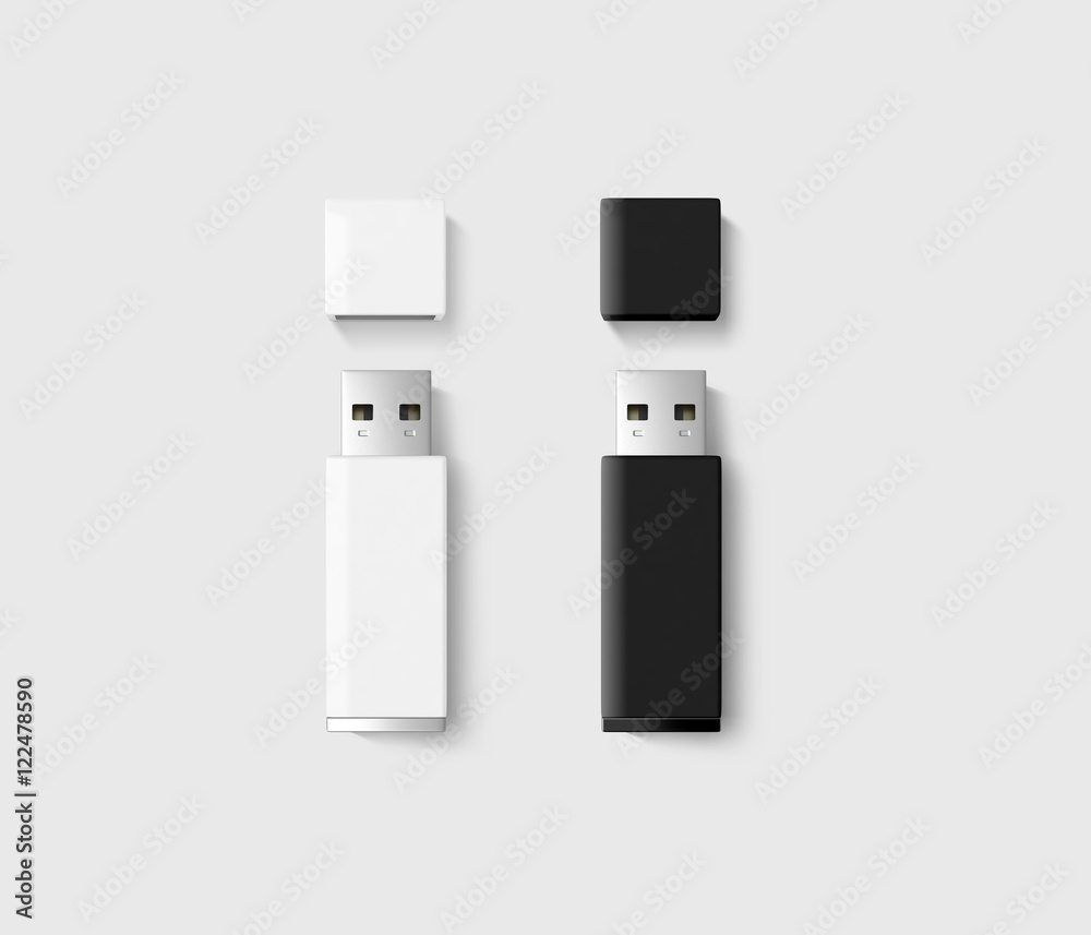 Blank opened usb drive design mockup set, black, white, 3d rendering,  clipping path. Clear plastic flash disk template with cap. Plain memory  device mockup. Clean pen drive branding presentation. Stock Illustration