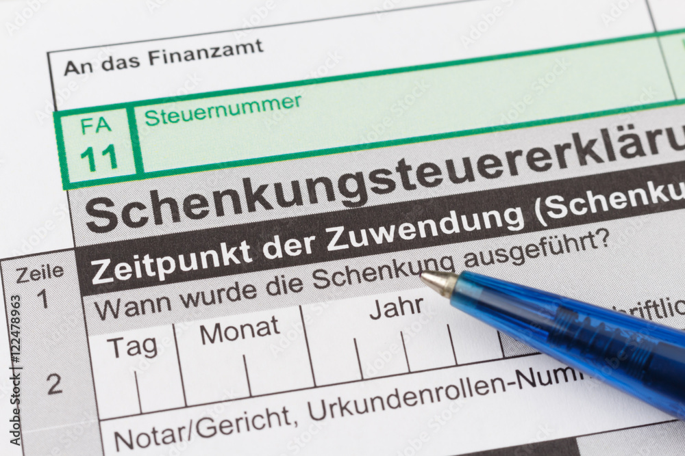 Accessions tax, gift tax form according german law with blue pen