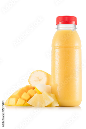 Yellow multifruit smoothie in plastic bottle