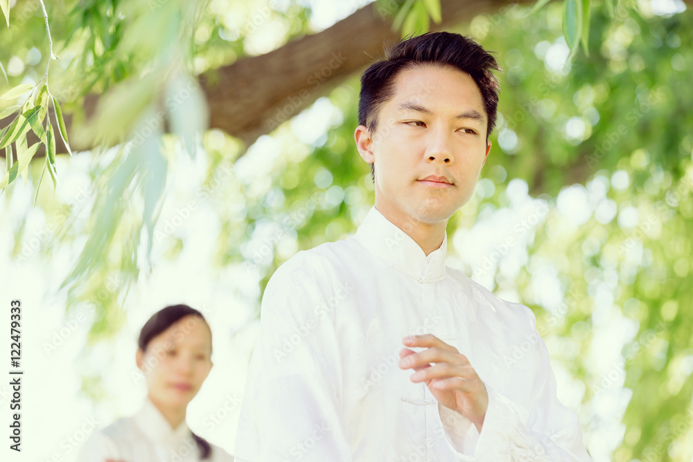 Handsome man practicing thai chi