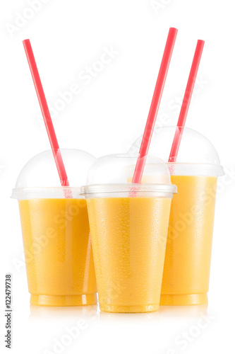 Mango pineaple smoothie in three size of plastic cup