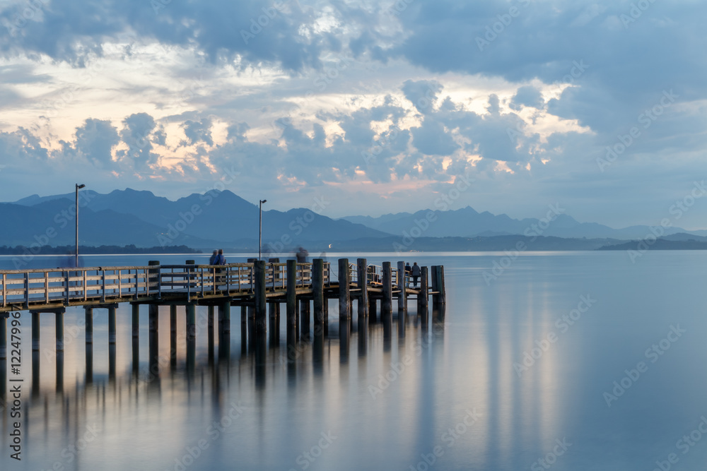 Jetty at Lake Chiemsee in Chieming after sunset, long time expos