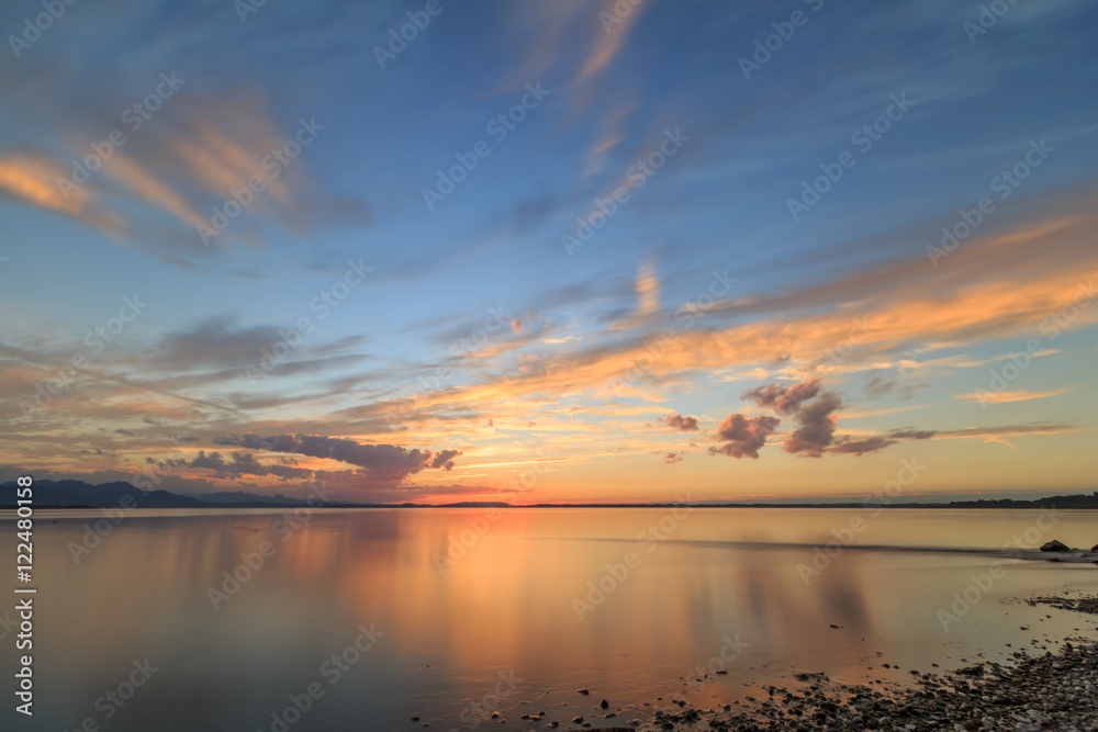 Lake Chiemsee in Chieming at sunset, long time exposure, soft