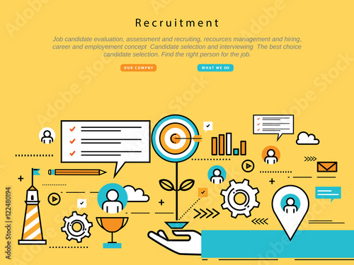 Line flat vector business design and infographic elements for job candidate evaluation, interviewing, assessment, recruiting, resources and corporate management, hiring and employment, career concept