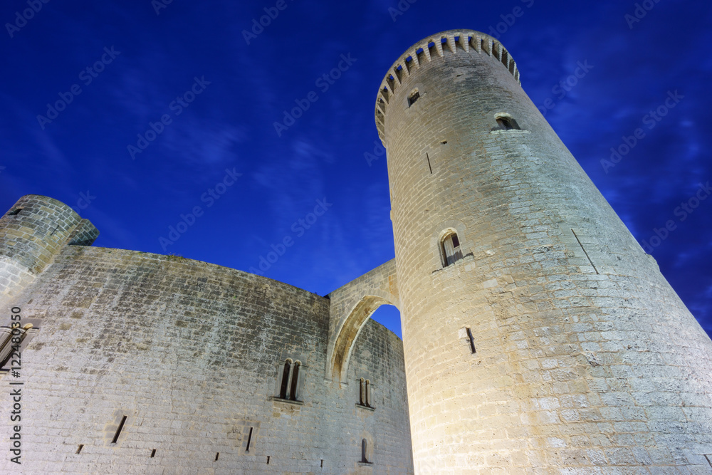 Bellver Castle tower at sunset in Majorca, wide angle
