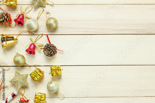 Top view Chrismas decoration and ornament on wooden table. photo