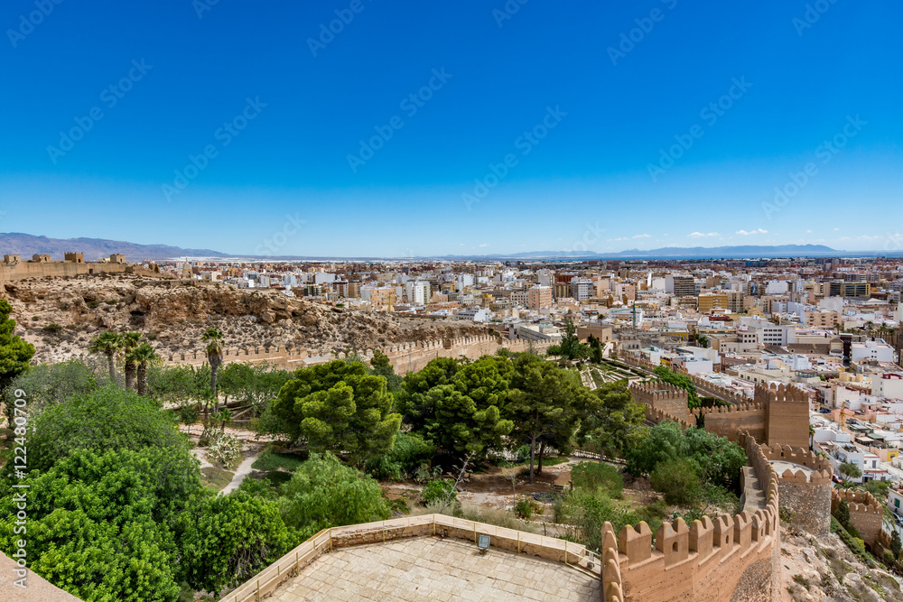 Panoramic cityscape of Almeria with the walls of Alcazaba (Castle), Spain