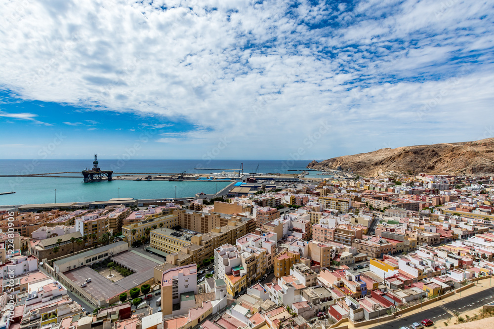 Panoramic cityscape of Almeria, view from the Alcazaba (Castle), Spain