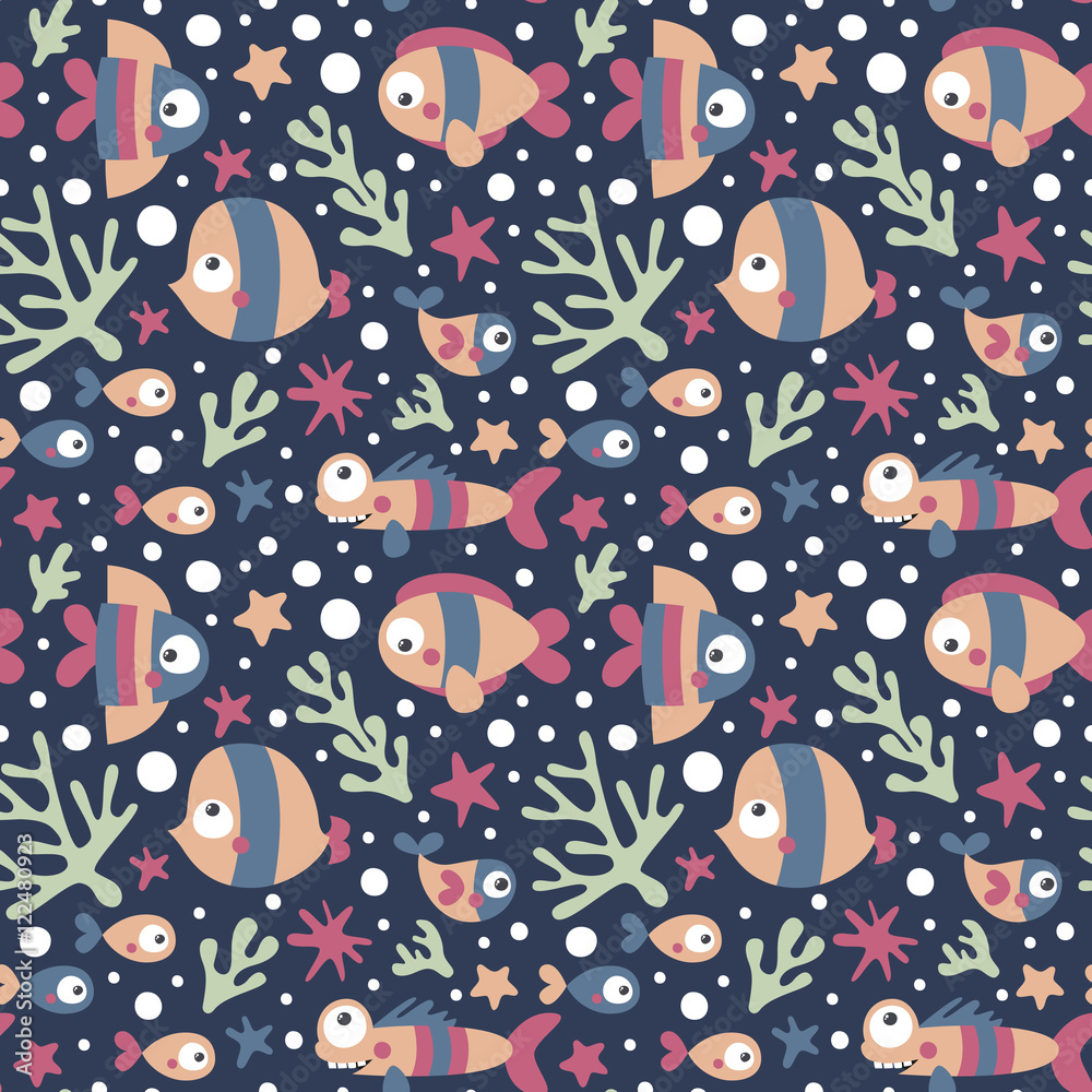 seamless cute marine pattern with fish, seaweed, coral, starfish, seabed, algae, bubble