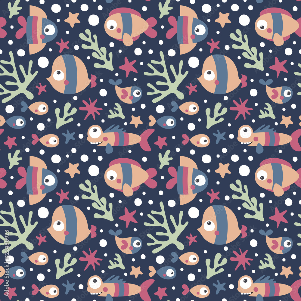 seamless cute marine pattern with fish, seaweed, coral, starfish, seabed, algae, bubble seamless cute marine pattern with fish, seaweed, coral, starfish, seabed, algae, bubble