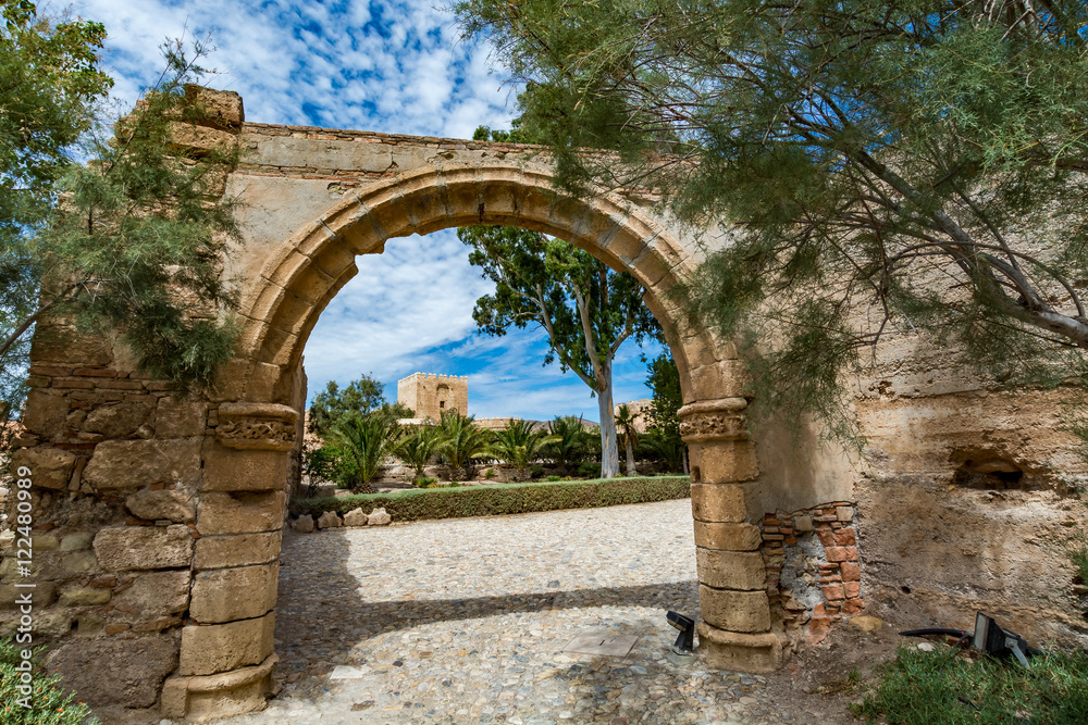 View of one of the gates in Alcazaba of Almeria (Almeria Castle) on a beautiful day, horizontal, Spain