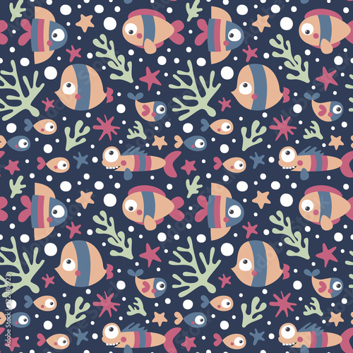 seamless cute marine pattern with fish, seaweed, coral, starfish, seabed, algae, bubble