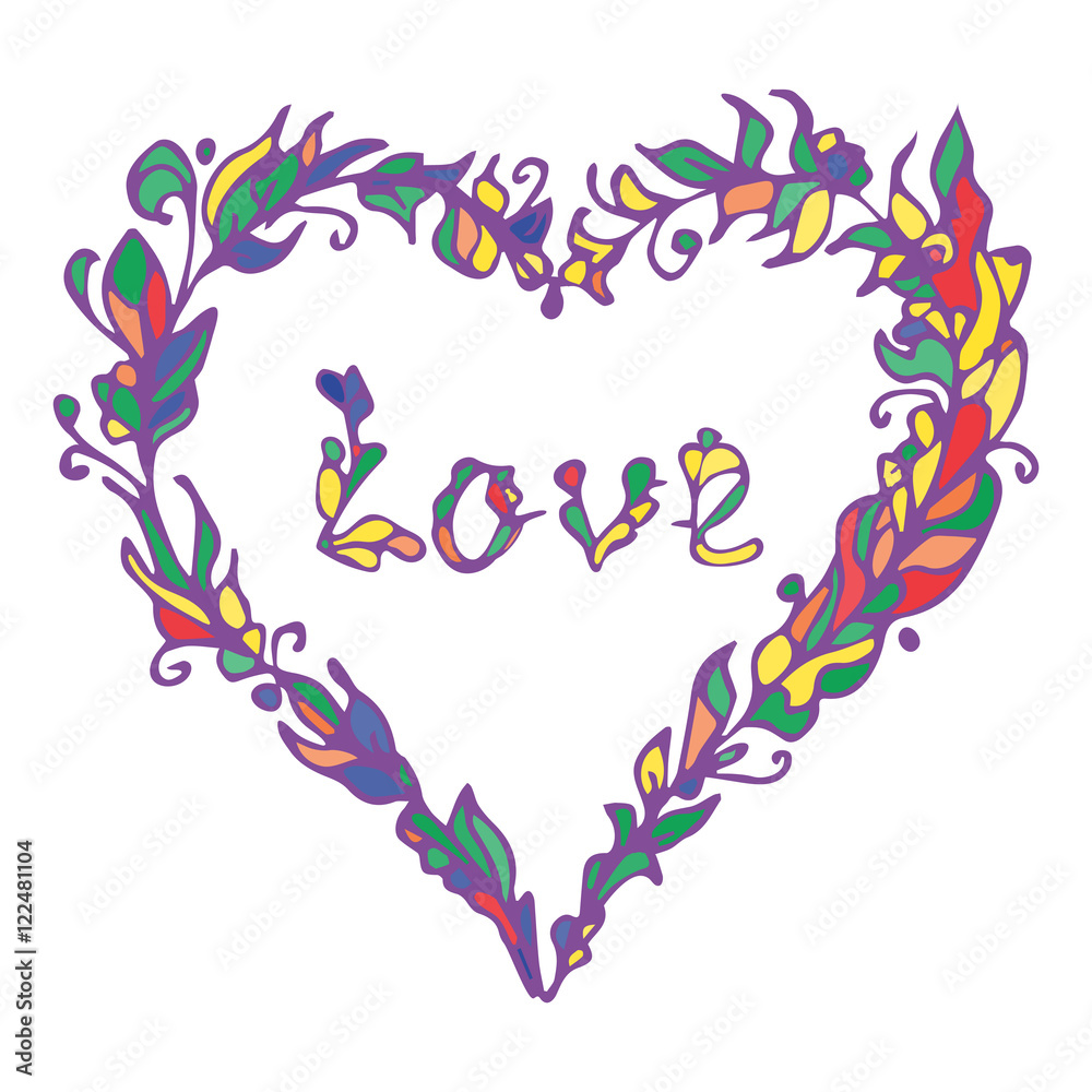 Vector illustration of heart. Hand drawn love doodle. Colorful element isolated on white background. Hippie style. Decorative Greeting Card Invitation Poster Design or for other uses. 