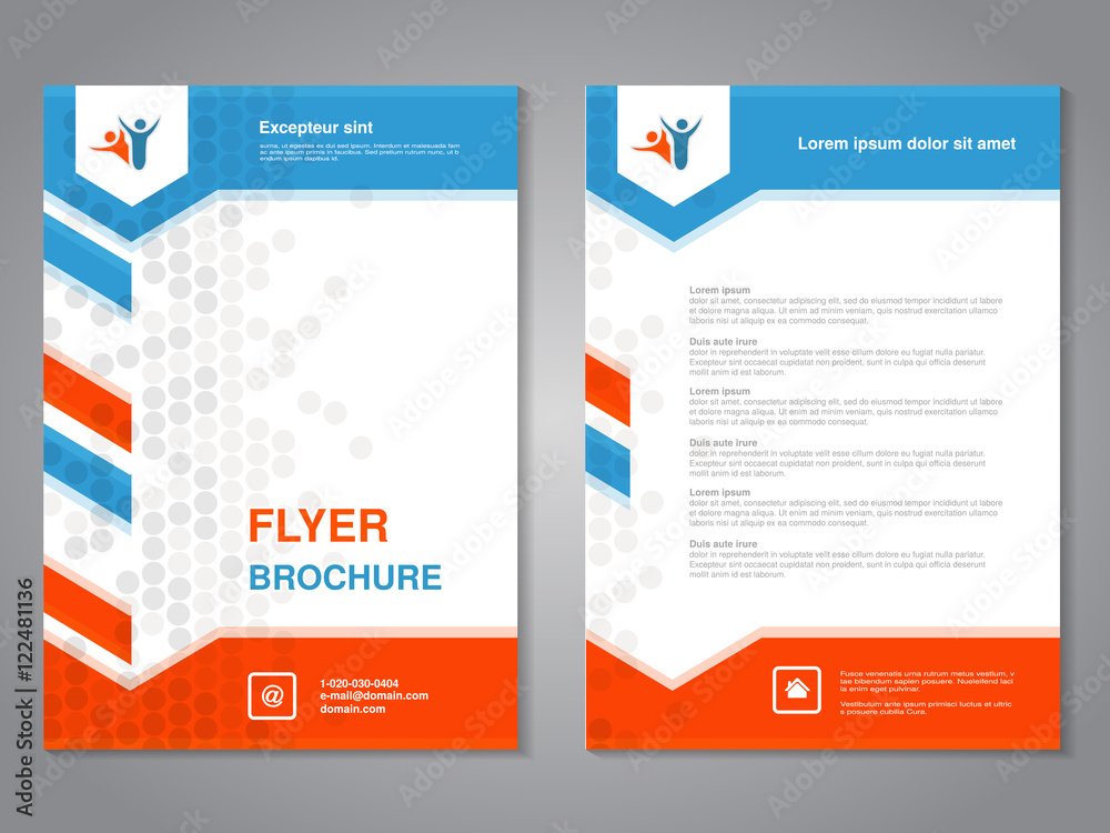 Vector modern brochure, abstract flyer with simple dotted design. Layout template with arrows. Aspect Ratio for A4 size. Poster of blue, orange, grey and white color. Magazine cover.