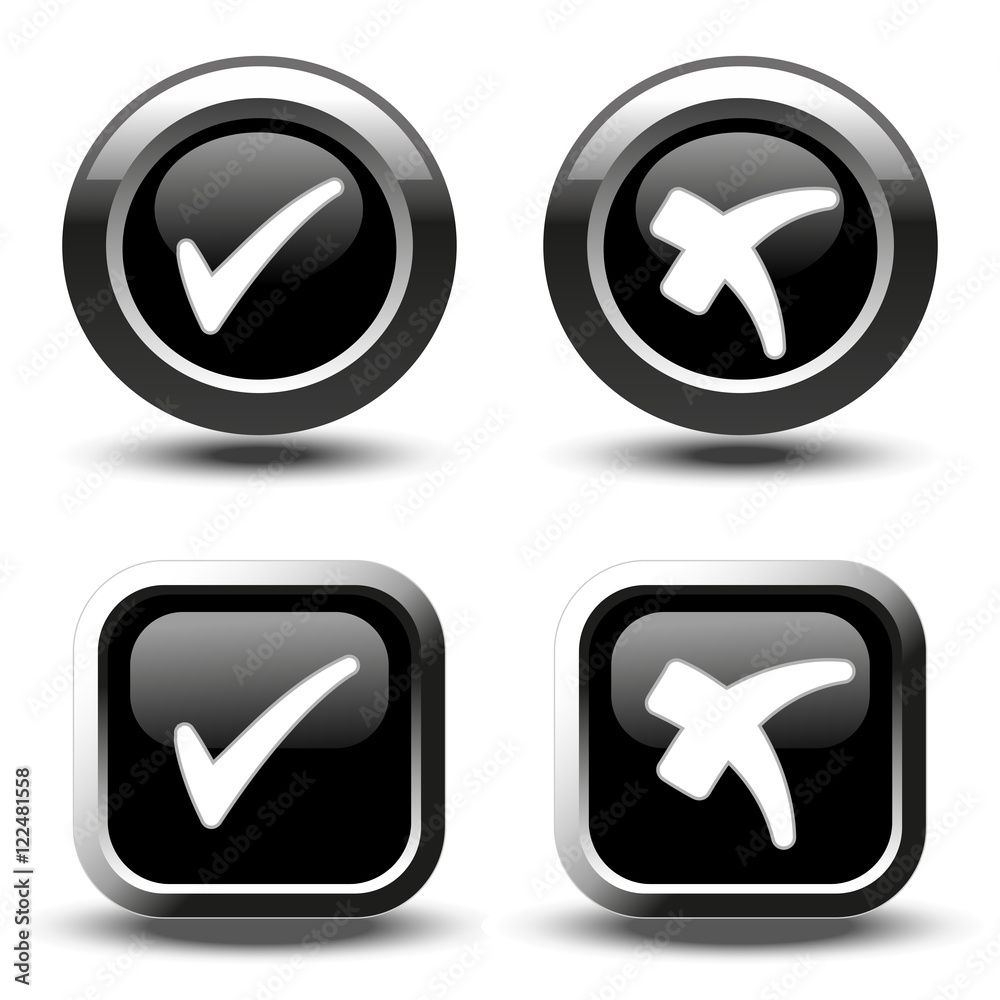 Vector black buttons with white simple check mark symbols, square and circle buttons Stock