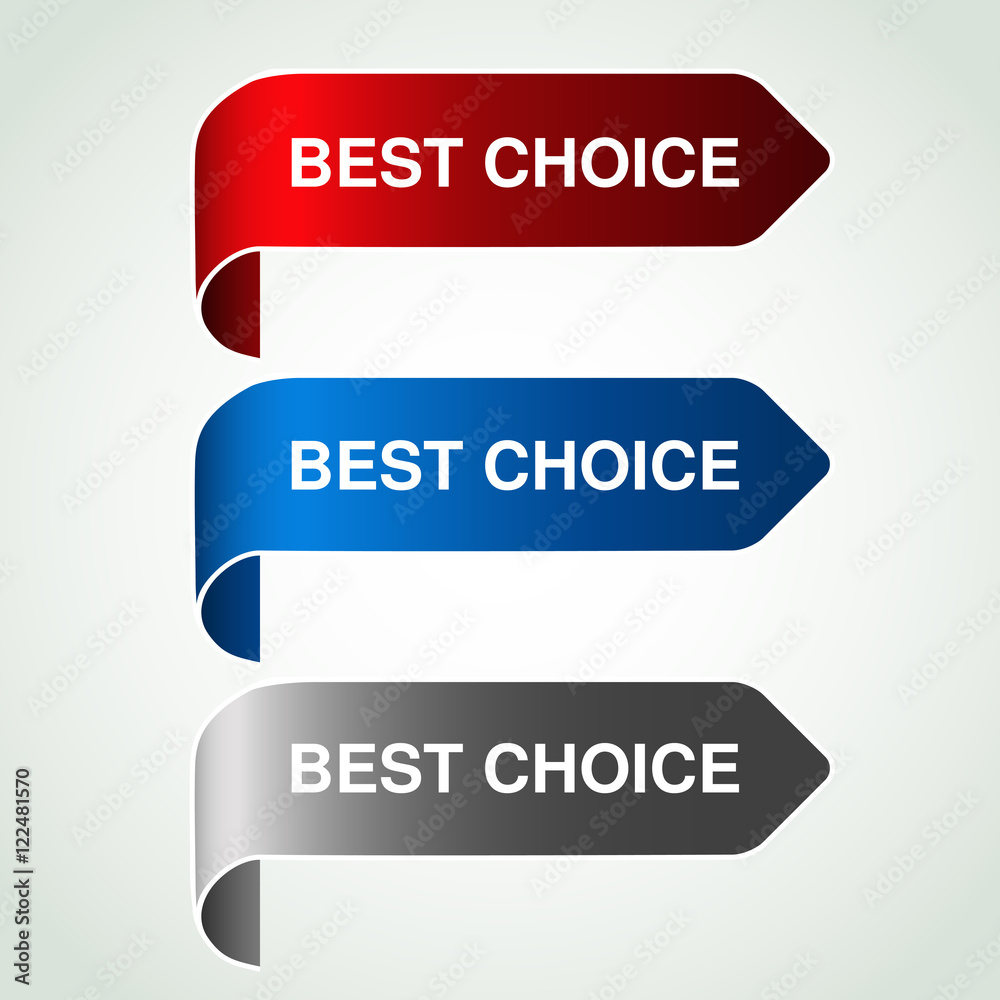 Vector arrow buttons with best choice. Silver, blue and red bent ribbon, simple stickers on your product. Vector arrow buttons with best choice. Silver, blue and red bent ribbon, simple stickers on your product.