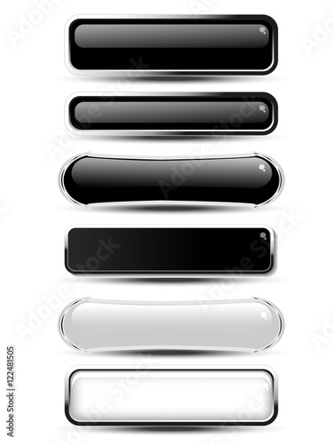 Vector black, white rectangle and oval buttons for website or app. Blank monochrome labels for text Buy now, Subscribe, Sign Up, Register, Download, Upload, Search, Next, Previous, Learn More etc.