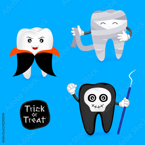 Halloween concept of teeth character set. Funny tooth illustration, dracula, ghost and mummy isolated on blue background.