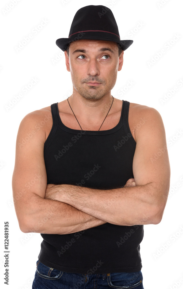 muscular man thinking and looking up muscular man thinking and looking up