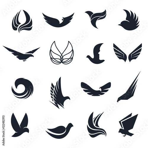 Isolated abstract black and white birds, butterflies wings with feathers logo set. Flight logotype collection. Air icons. Vector illustration. Eagle,pigeon,hawk silhouette .