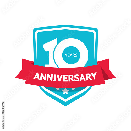 10 years anniversary sticker vector, blue color 10th anniversary party label with red ribbon, celebrating symbol with number ten isolated on white background