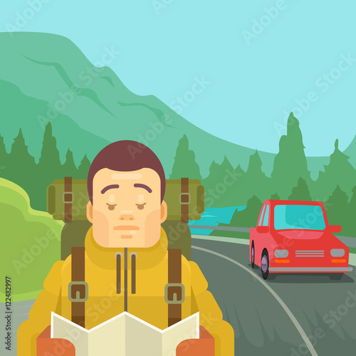 Hitchhiking tourism concept. Man character hold map. Vector flat cartoon illustration